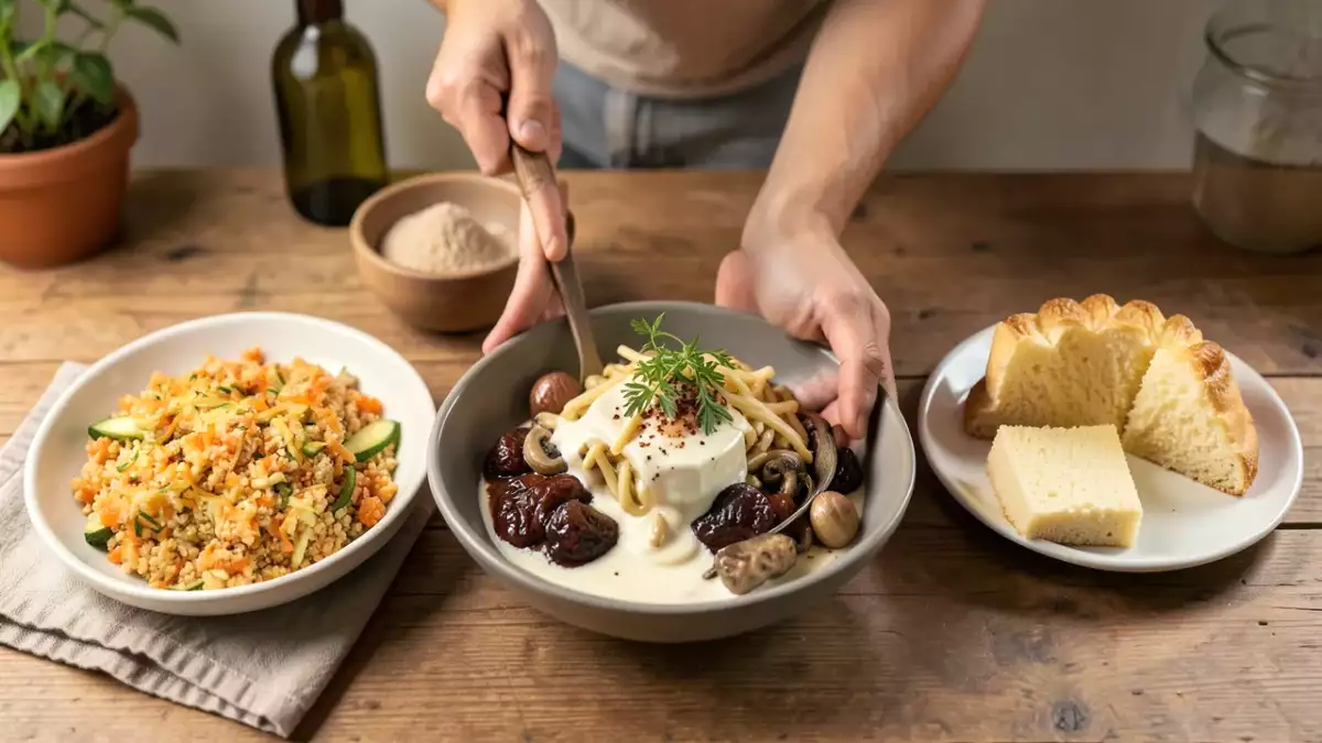 Menu végétarien, 9 octobre : salade de boulgour aux carottes et aux courgettes, pâtes aux poireaux et gorgonzola mascarpone, gâteau sans oeufs