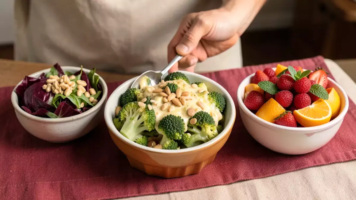 Menu végétarien, 8 octobre : salade de chou rouge et de céleri rave, chou romanesco gratiné au gorgonzola et aux amandes, salade d'oranges aux fruits rouges et à la menthe