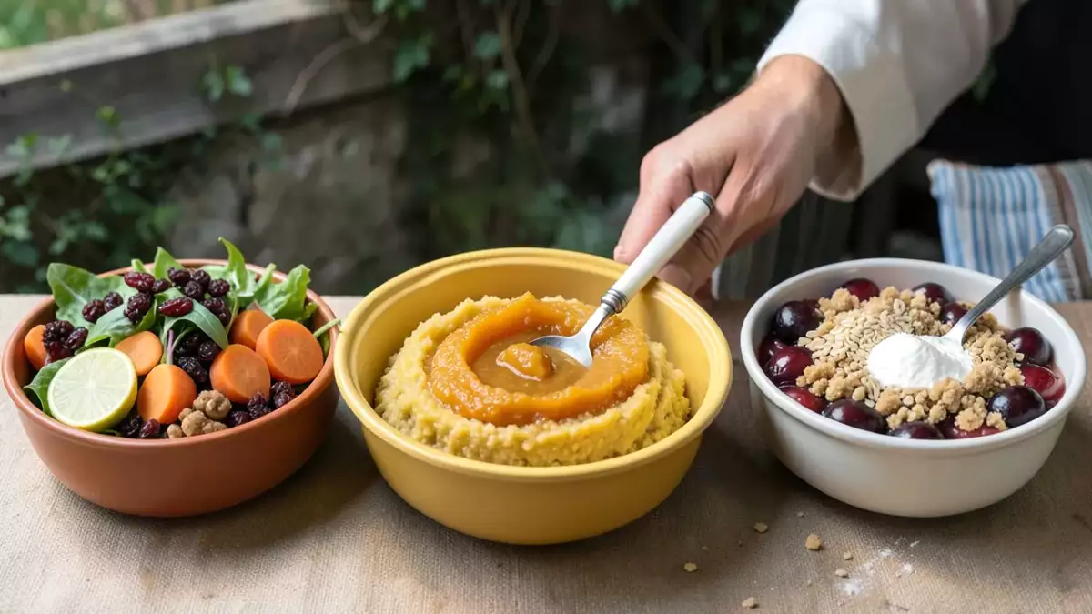 Menu végétarien, 11 octobre : salade carotte-fenouil-raisins secs, timbales de semoule aux saveurs orientales, crumble aux prunes et purée d'amande