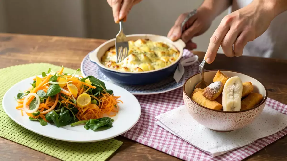 Menu végétarien, 13 octobre : salade de carottes et pousses d'épinard, gratin de pommes de terre au gorgonzola, croustillants de banane à la pâte filo