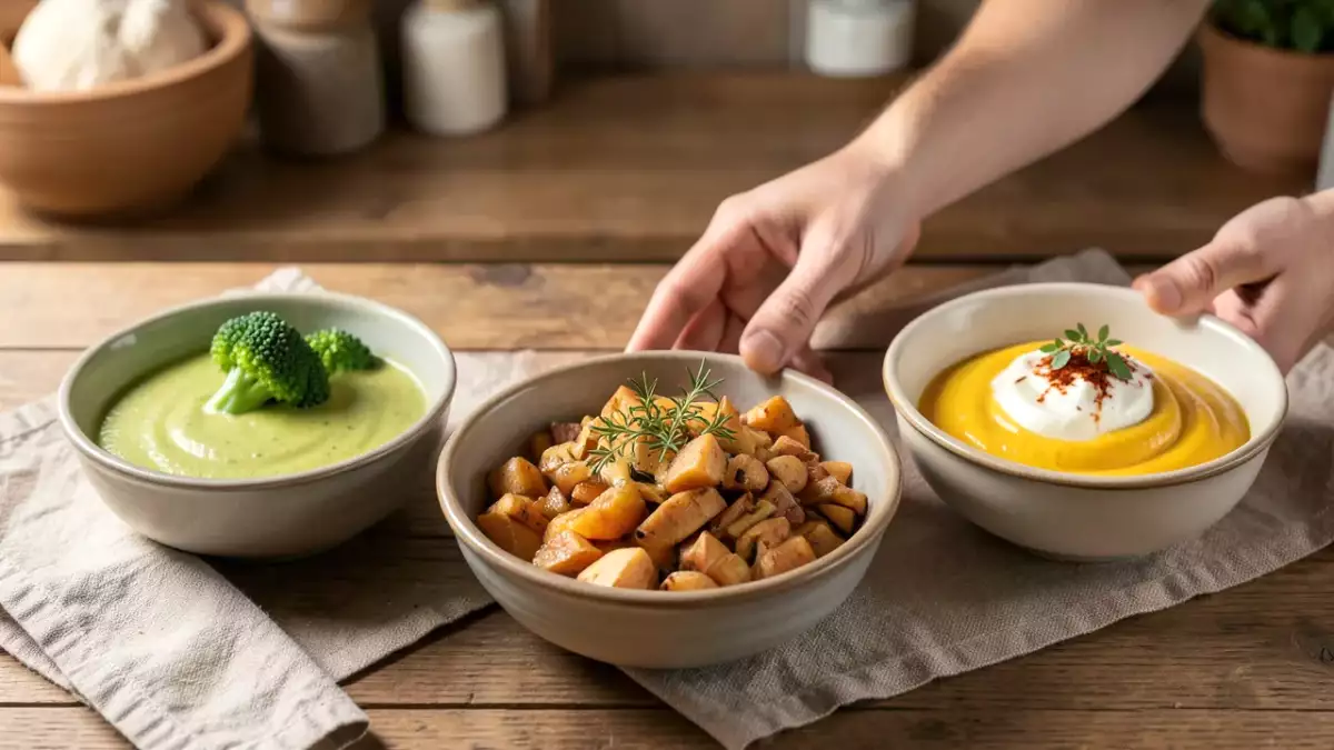 Menu végétarien, 16 octobre : velouté de potimarron et brocoli, patate douce au gingembre, crème à l'orange