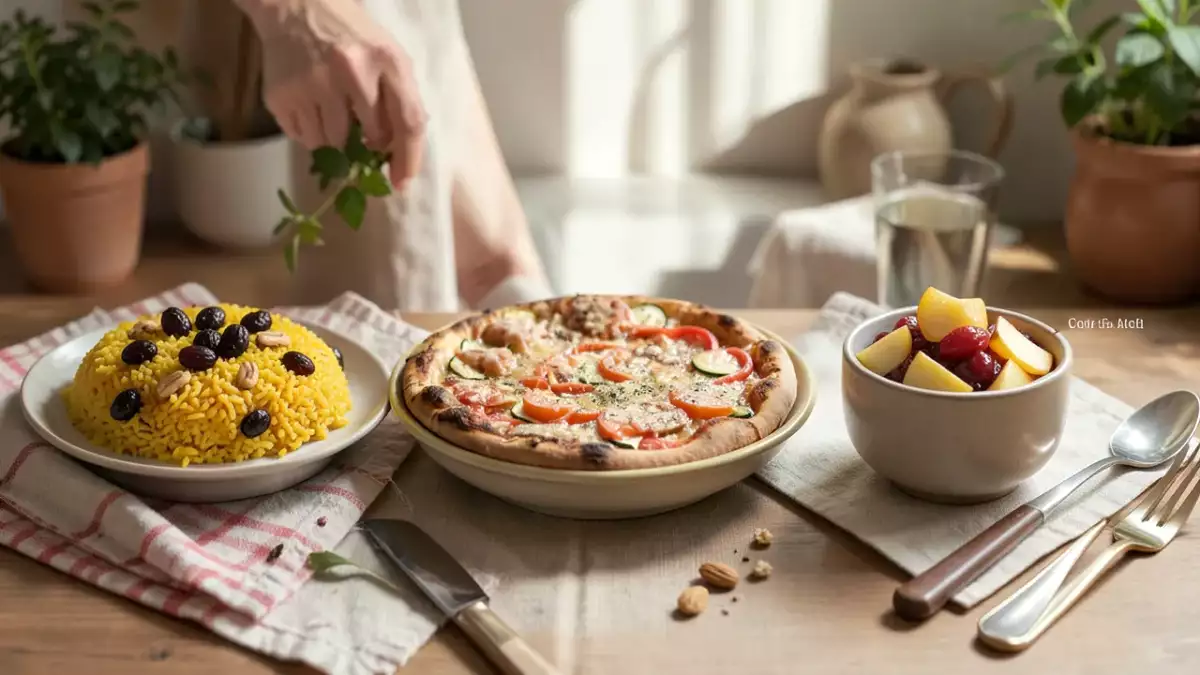 Menu végétarien, 23 octobre : riz curcuma aux raisins et noix de cajou, pizza végétarienne, compote pommes et poires au sirop d'agave