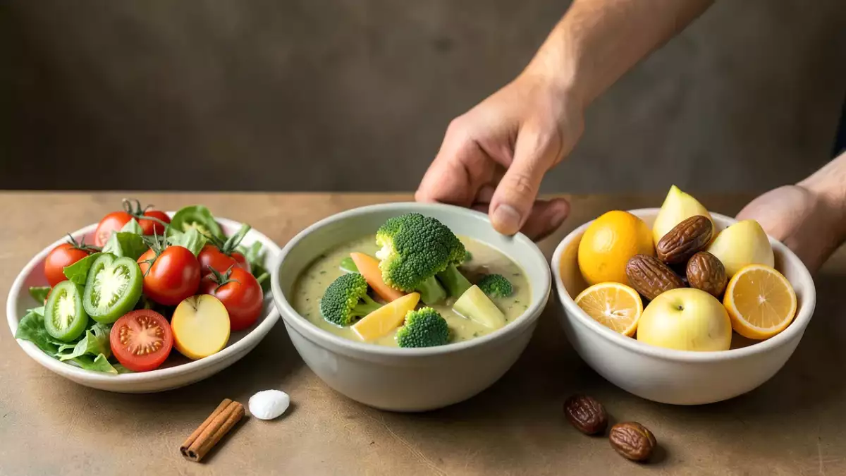 Menu végétarien, 26 octobre : salade machouia à base de tomates, soupe au chou-fleur, brocoli et pomme, tartare de fruits façon orientale