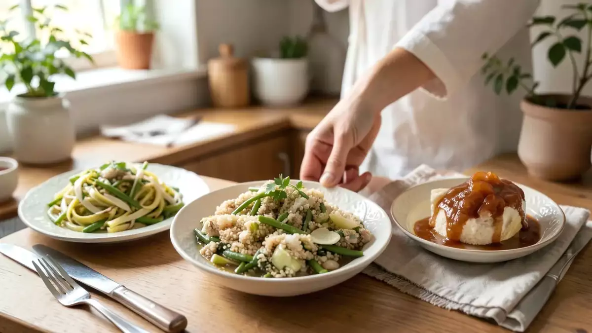 Menu végétarien, 28 octobre : tagliatelles de poireau, wok de quinoa aux poireaux, haricots et champignons, confiture bananes-coco