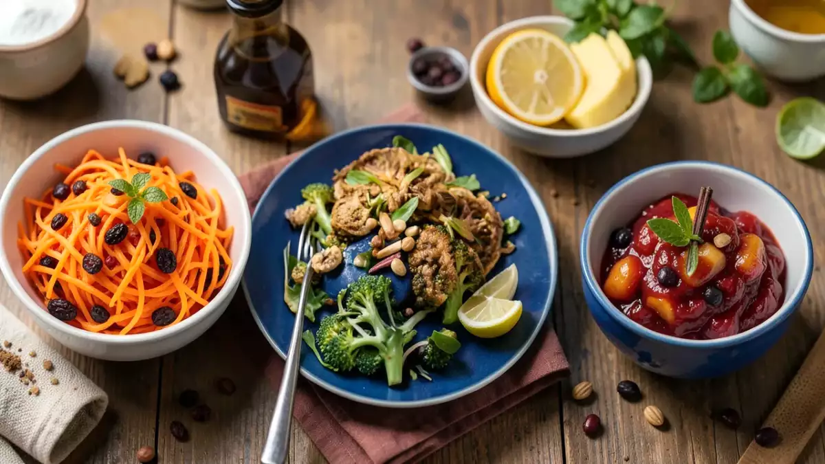 Menu végétarien, 31 octobre : salade de carottes râpées à l'orange et à la cannelle, steaks de chou-fleur à la harissa, compote pomme prunes