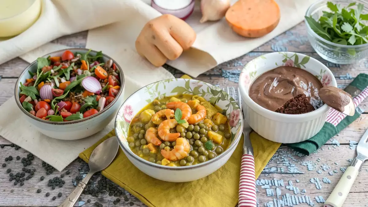 Menu sans gluten, 4 octobre : salade de lentilles et patates douces, curry de crevettes au lait de coco, mousse au chocolat