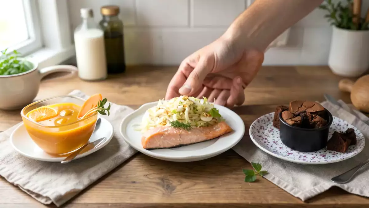 Menu sans gluten, 7 octobre : soupe de carottes et gingembre, pavé de saumon parfaitement cuit à la poêle, fondant au chocolat