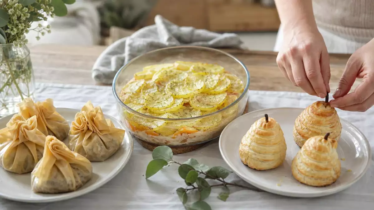 Menu du jour, 24 octobre : aumônières croustillantes, gratin de saumon et poires feuilletées