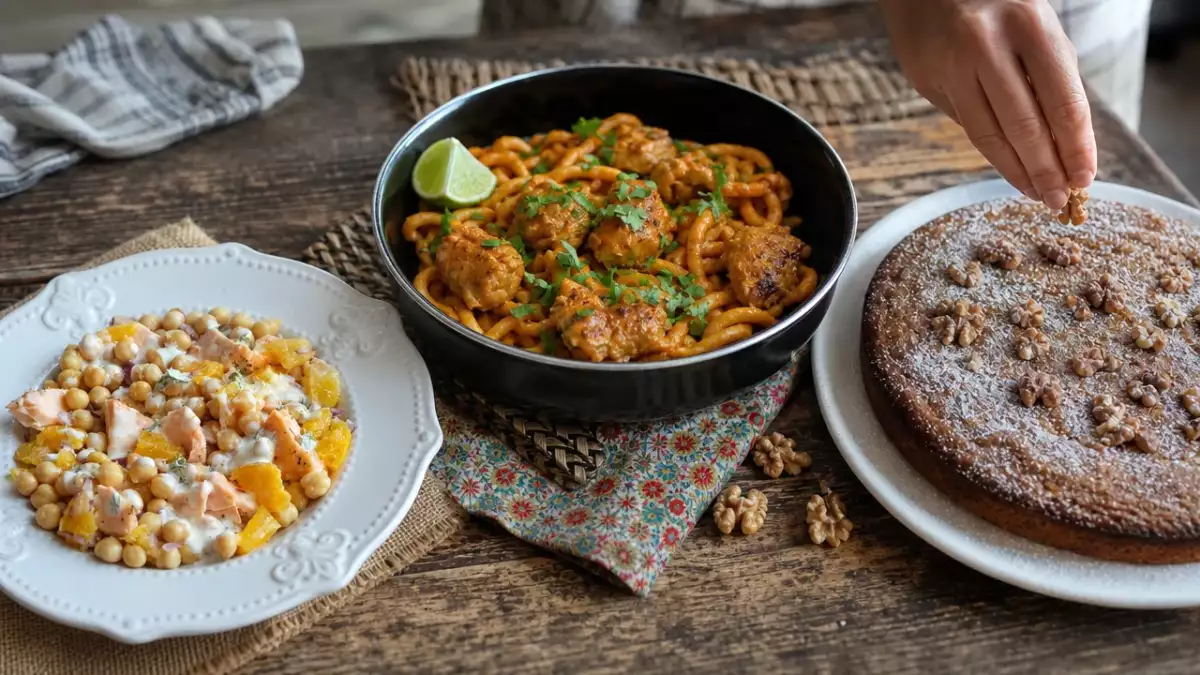 Menu du jour, 9 octobre : une salade de saumon, des nouilles udon au poulet et un gâteau aux noix