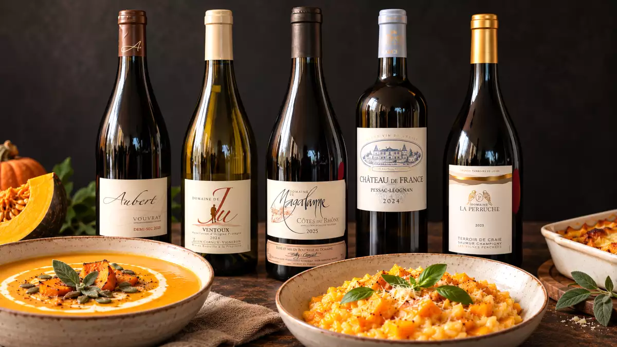 5 vins pour accompagner vos recettes à la courge cet automne : du velouté au gratin, en passant par le risotto, découvrez nos accords gourmands !
