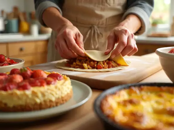 Menu végétarien, 27 mai : chaussons italiens croustillants, clafoutis de courgettes au curry et tarte à la compote de rhubarbe et aux fraises