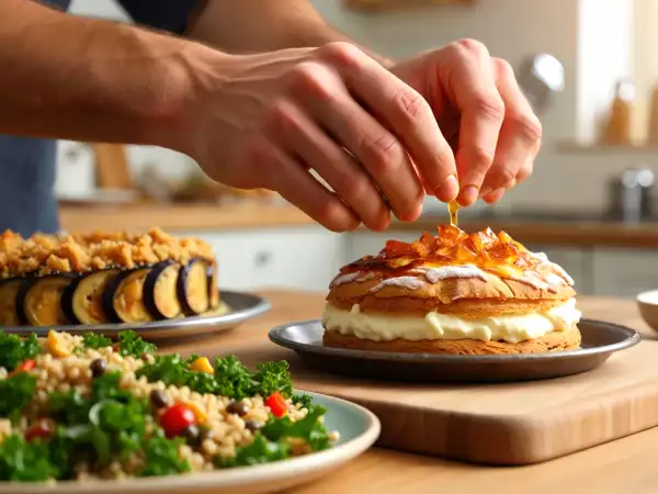 Menu végétarien, 28 juin : Charlotte d'aubergines et son crumble au parmesan, salade de kale, quinoa et lentilles et Paris-brest