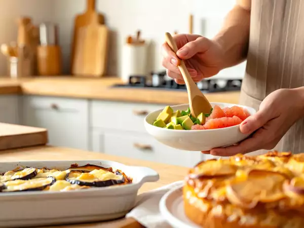 Menu végétarien, 29 juin : salade d'avocats, aubergines mozzarella, et gâteau aux pommes