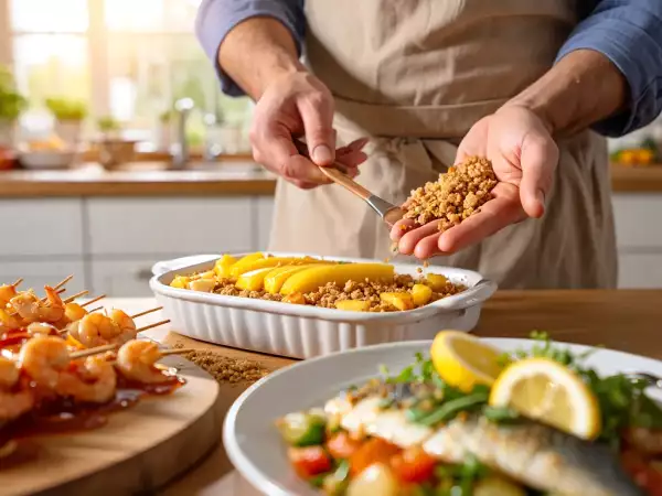 Menu sans gluten, 30 juillet : brochettes de crevettes, daurade au citron et crumble exotique