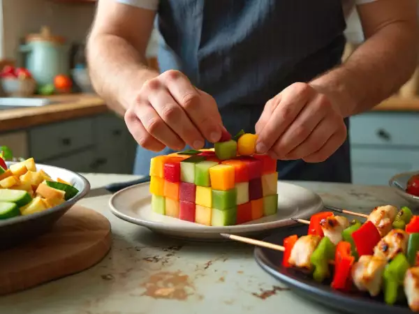 Menu sans gluten, 26 juillet : salade croustillante, brochettes de poulet et fruits design