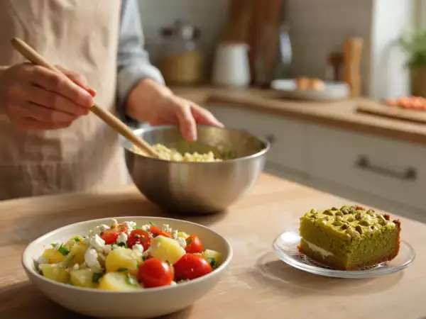 Menu du jour, 7 août : tartinade de surimi, salade de pommes de terre à la feta et gâteau moelleux aux pistaches