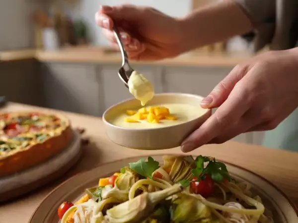 Menu végétarien, 7 août : salade de pâtes, quiche et flans coco-mangue