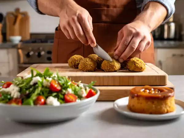 Menu végétarien, 1 août : mesclun, falafels et moelleux aux pommes