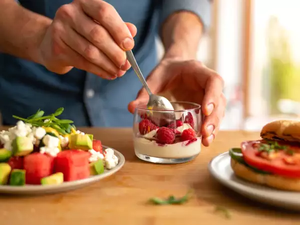 Menu sans gluten, 29 août : salade de pastèque, feta, avocat et concombre, burger de tomate, mousse de framboises
