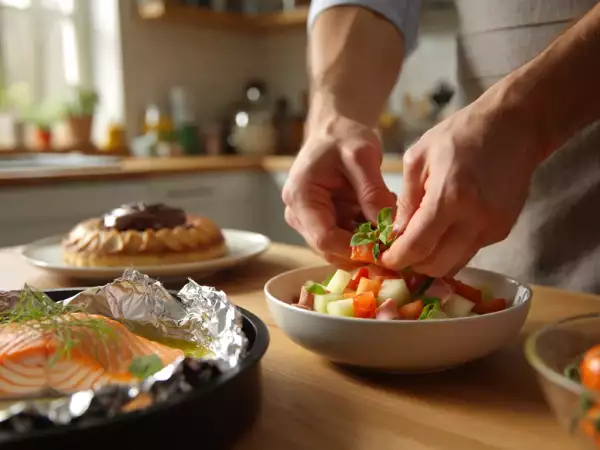 Menu sans gluten, 1 août : tartare de jambon melon et tomate, saumon à l'oseille, coulant au chocolat et aux noisettes