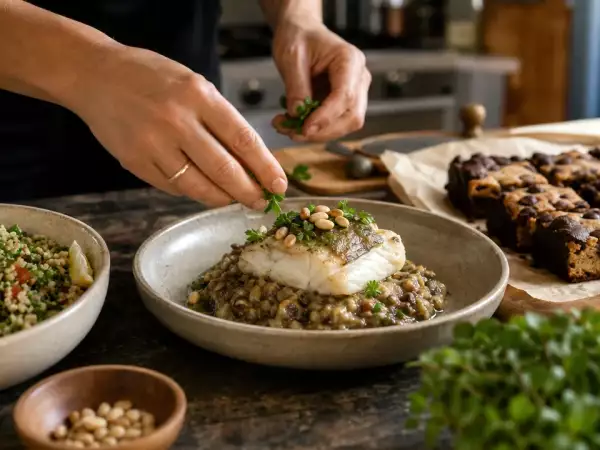 Menu du jour, 2 septembre : taboulé au quinoa, cabillaud au caviar d'aubergine et brookies gourmands