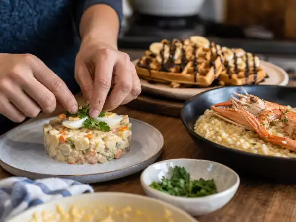Menu du jour, 13 septembre : salade russe, risotto aux poireaux et langoustines, gaufres super protéinées