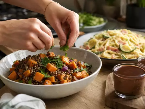 Menu du jour, 28 septembre : une salade de lentilles, des pâtes savoureuses et des crèmes au café délicieuses