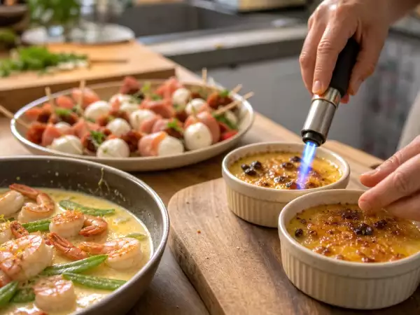 Menu sans gluten, 16 septembre : brochettes fraîches, crevettes exotiques et crème brûlée gourmande