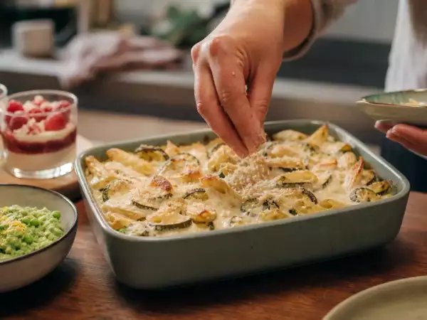 Menu sans gluten, 19 septembre : guacamole de petits pois, un gratin savoureux de pâtes et courgettes, et une délicieuse verrine chocolat blanc & framboise