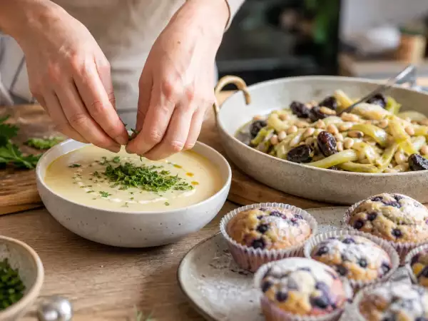 Menu végétarien, 2 septembre : soupe légère au céleri, un plat savoureux de poireaux aux pruneaux, et des muffins moelleux aux myrtilles