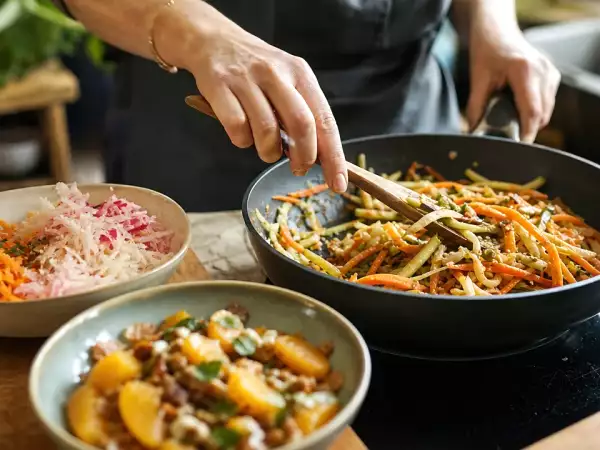 Menu végétarien, 30 septembre : un festival de couleurs et de saveurs avec des crudités, des légumes sautés et une salade d'agrumes