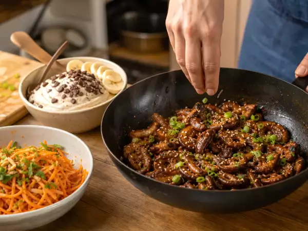 Menu végétarien, 24 septembre : salade croquante, des champignons épicés et une glace onctueuse à la banane