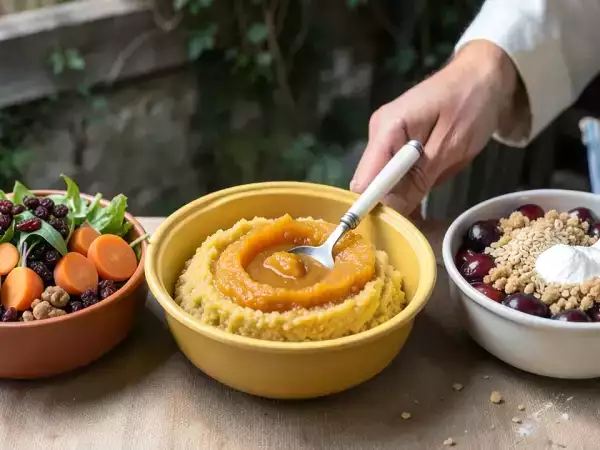 Menu végétarien, 11 octobre : salade carotte-fenouil-raisins secs, timbales de semoule aux saveurs orientales, crumble aux prunes et purée d'amande