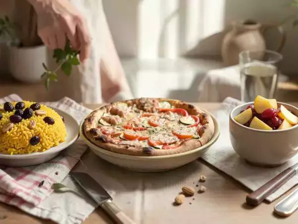 Menu végétarien, 23 octobre : riz curcuma aux raisins et noix de cajou, pizza végétarienne, compote pommes et poires au sirop d'agave