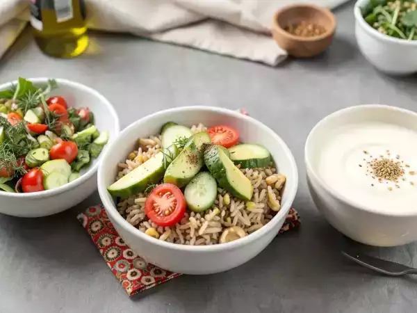 Menu végétarien, 30 octobre : salade de cornichons à l'huile de noisette, bento, crème pâtissière légère au lait de riz