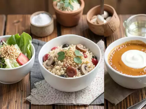Menu sans gluten, 18 octobre : une explosion de saveurs avec salade croquante, risotto de quinoa et flan coco