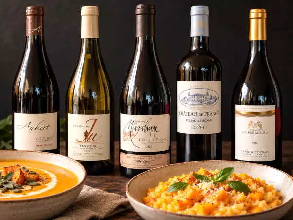 5 vins pour accompagner vos recettes à la courge cet automne : du velouté au gratin, en passant par le risotto, découvrez nos accords gourmands !