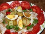 Recette Carpaccio de colin et oeuf mariné, tomate, rattes