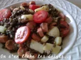 Recette Salade de lentilles, saucisses, tomates, emmental.