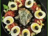 Recette Salade complète avec sardines, artichauts, thon, oeufs durs et crudités