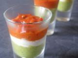 Recette Verrines de purée de courgettes, fromage de chèvre et coulis de tomates confites