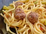 Recette Spaghettis aux boulettes de chair à saucisses au basilic, courgettes et tomates poêlées