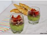 Recette Verrine purée avocat-amande pimentée, jambon serrano et tomates cerises roties