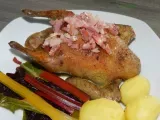 Recette Pigeon cuit aux lardons et servi avec des blettes