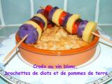 Recette Croés au vin blanc, diots de savoie et duo de pommes de terre en brochettes