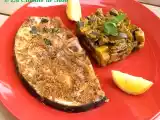 Recette Espadon au pesto rouge, aubergines à la purée d'ail et au basilic .