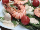 Recette Salade d'asperges vertes & gambas à la plancha, mayonnaise à l'orange