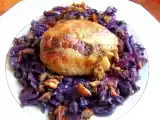 Recette Caille (désosssée) farcie à la poire et au foie gras, chou rouge braisé
