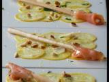 Recette Carpaccio de courgette jaune gold rush, menthe fraîche et pignons de pin