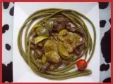 Recette Sauté de boeuf aux aubergines jaunes, blanches et haricots verts longs